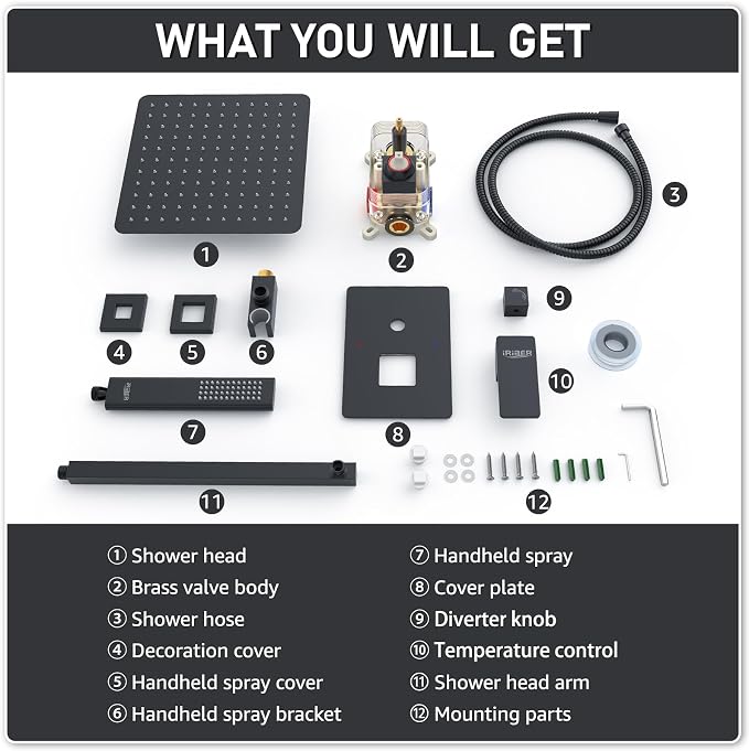 Iriber Shower Set with 12 Inch High Pressure Rain Shower Head and Handheld and - Image 6