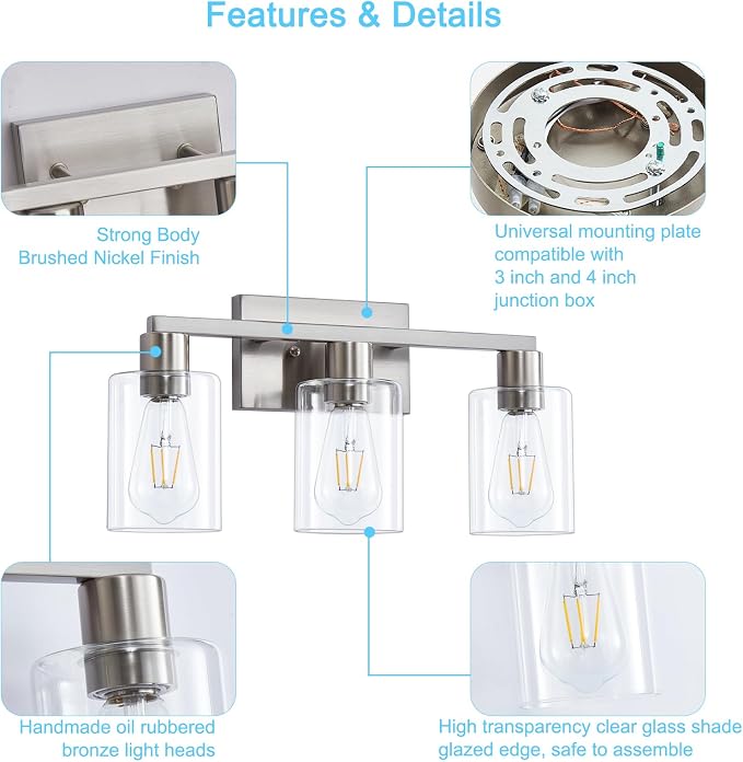 3-Light Vanity Lights, Brushed Nickel Vanity Light, - Image 4