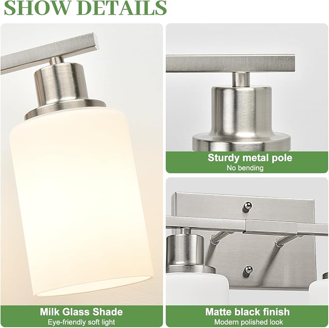 5-Light Vanity Light with Milky White Shades, Brushed Nickle Bathroom Lighting - Image 2
