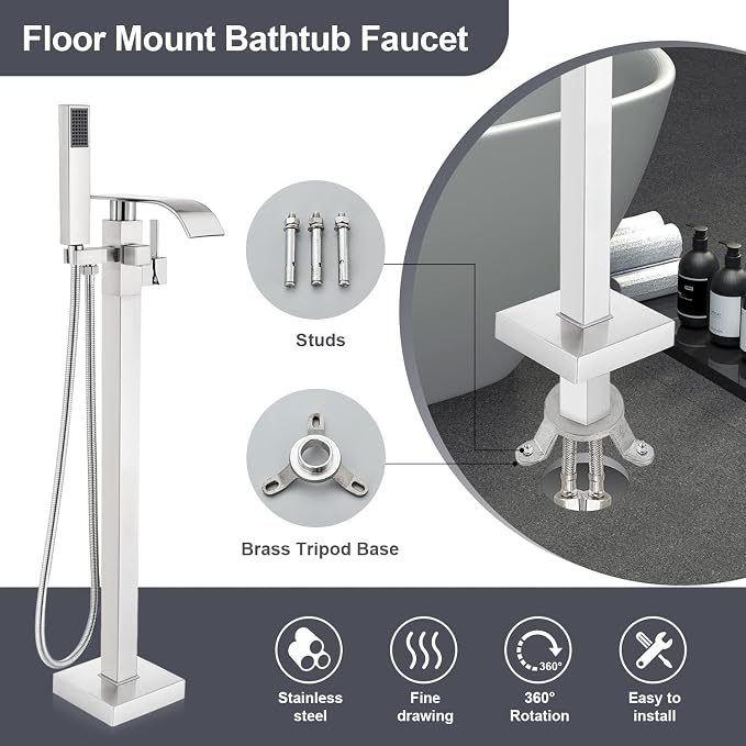 Senlesen Stainless Steel Bathroom Free Standing Tub Filler Faucet Brushed - Image 6