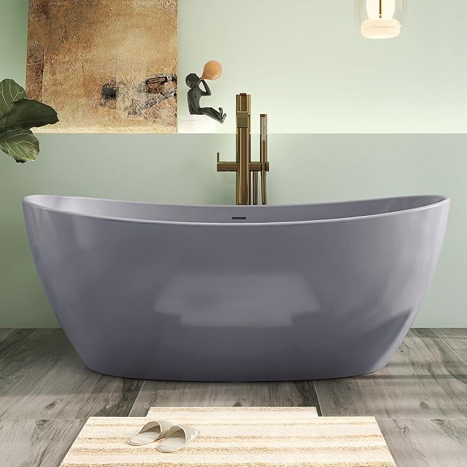 65" Premium Solid Surface Free Standing Bathtub, Upgraded Light Grey Design by HIGEINE