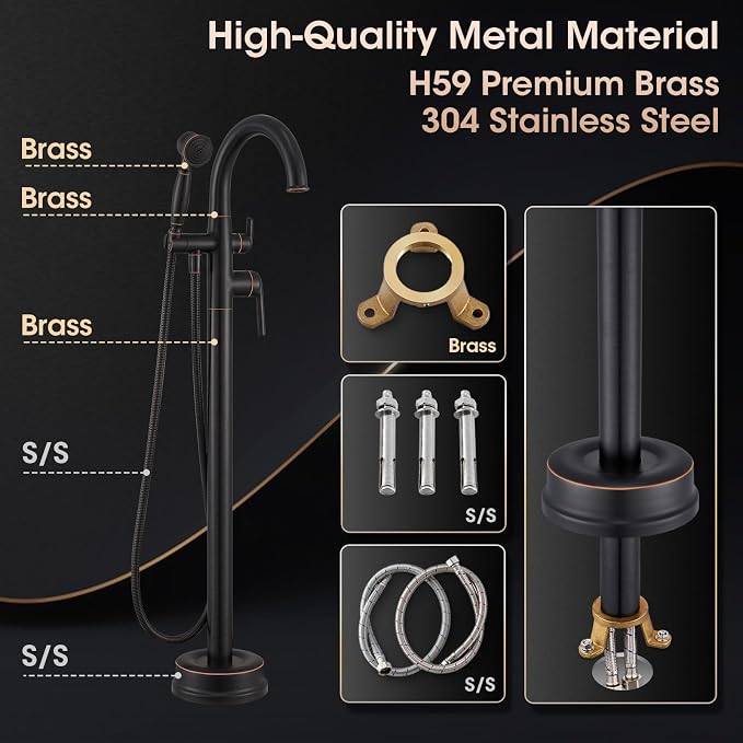 Freestanding Tub Faucets Bathroom Floor Mounted Waterfall Tub Filler Brass High - Image 7