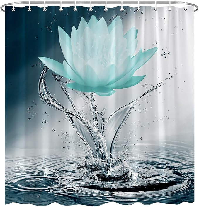 Lotus Shower Curtain Black White Blue Teal Flower Elegant Blooming Floral - Image 2