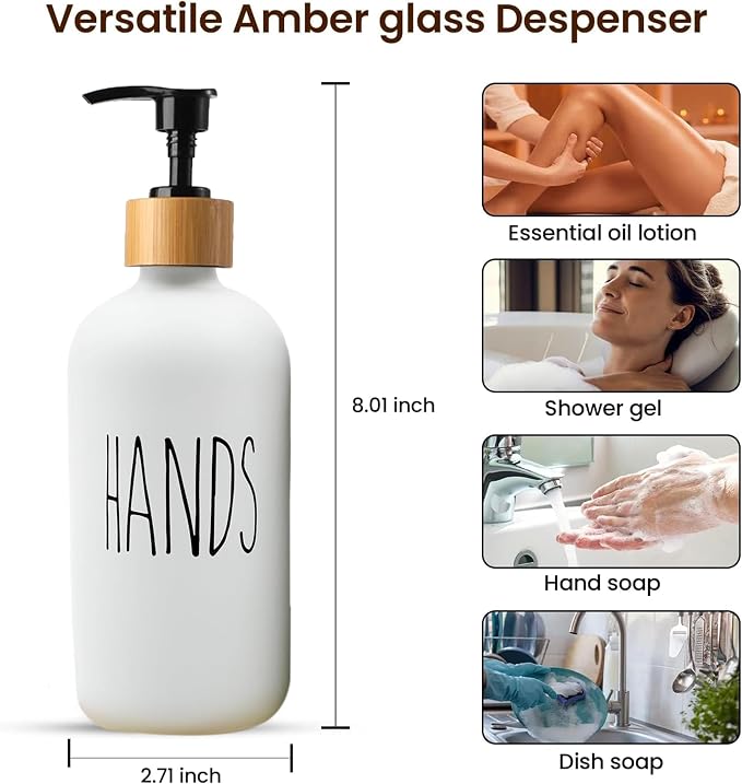 16 OZ Thick White & Black Glass Soap Dispenser, Bamboo Pump - Image 3
