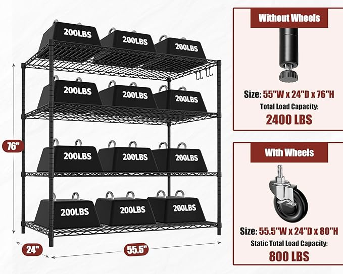 PrimeZone 6 Packs 55.5" W x 24" D x 80" H Heavy Duty Wire Storage Shelves - Image 3