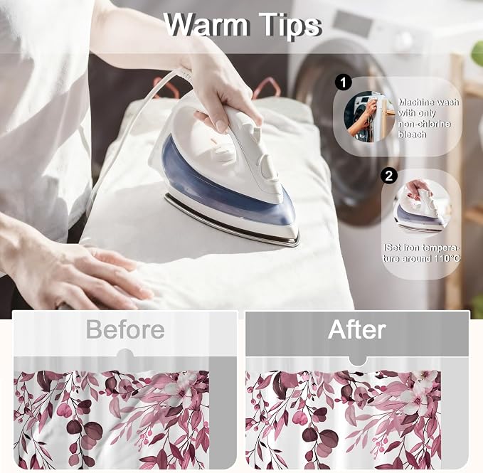 No Hook Shower Curtain and Liner Set, Dark Red Eucalyptus Floral Shower Curtains - Image 6