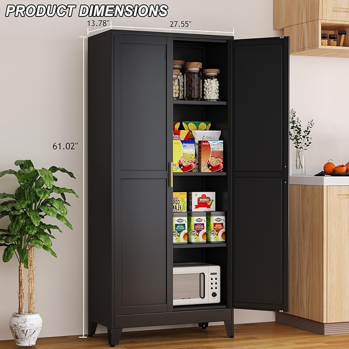 Metal Pantry Cabinet with 2 Doors and Adjustable Shelves, Versatile Storage - Image 2