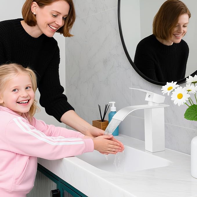 Bathroom Faucets White Waterfall Bathroom Sink Faucet Modern Single Handle - Image 2