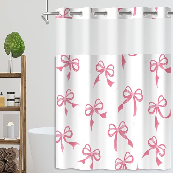 Cute Pink Bow No Hook Shower Curtain Set - Image 7