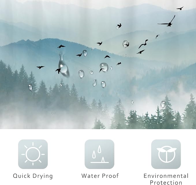 Riyidecor Green Shower Curtain 54Wx78H Inch Long Rustic Mountain Scenery Pine - Image 5