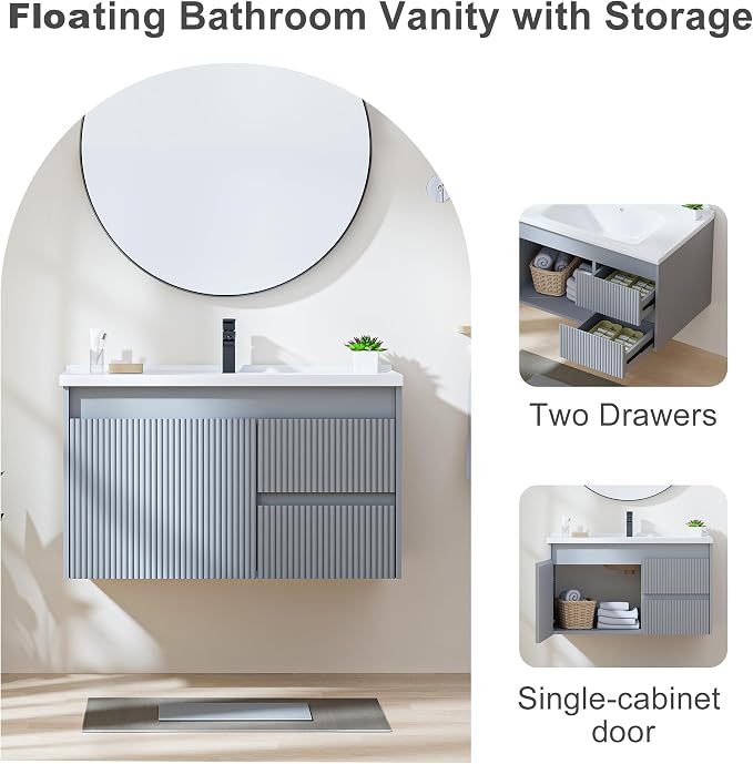 Floating Bathroom Vanity with Sink, 32 Inch Wall Mounted Bathroom Vanity with 2 - Image 5