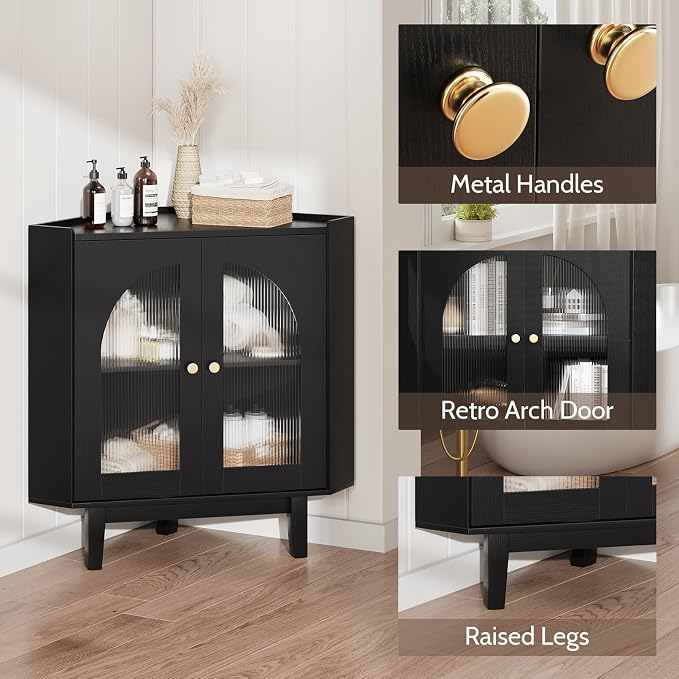 Floor Corner Cabinet with Doors and Shelves, Fluted Storage Cabinet - Image 4