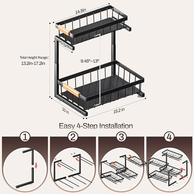ADBIU Under Sink Organizer, 2 Pack 2 Tier Expandable Height Pulling Out Kitchen - Image 2