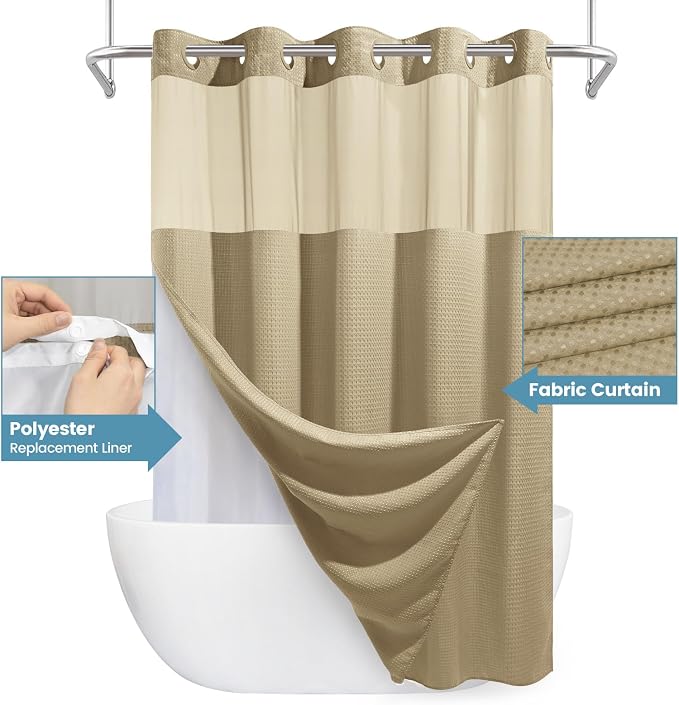 Beige Long No Hook Shower Curtain - Image 4