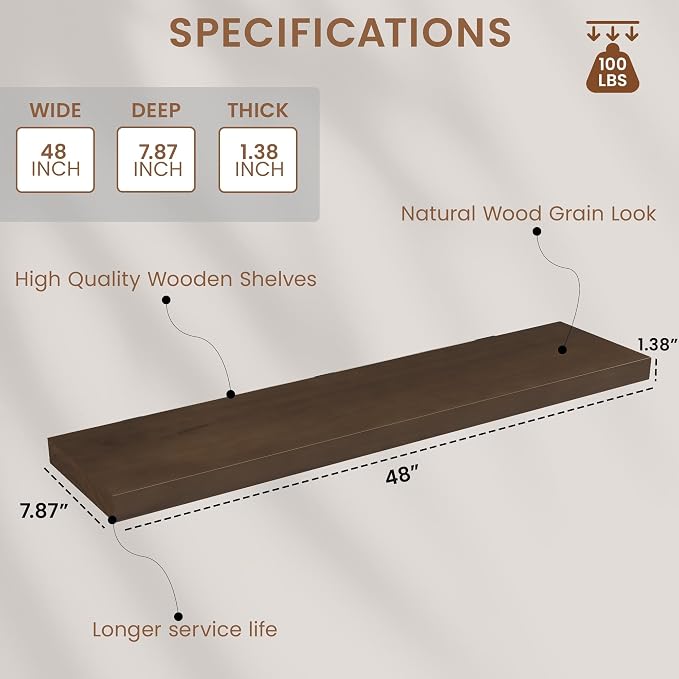 Vivelove Solid Wood Rustic Floating Shelves 36 Inch Long, 8 inch Deep Floating - Image 3