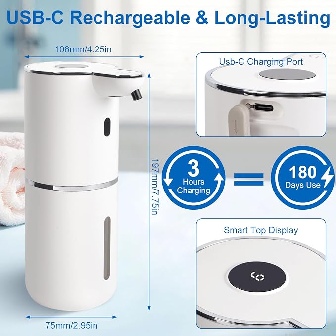 Automatic Soap Dispenser, Hand Soap Dispenser 12.8oz/380ml Smart Rechargeable - Image 4