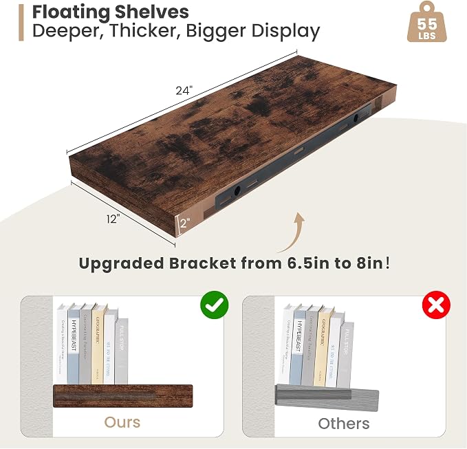Heimlove 24 x 12 Inch Deep Floating Shelves Wall Mounted - Image 3