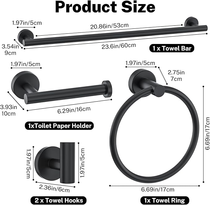Matte Black Towel Bar Set 5-Piece Bathroom Hardware Accessories Set Includes - Image 6