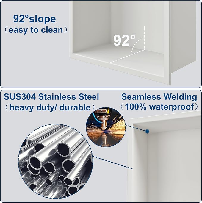 Neodrain 12X30 Inch White Three Layers Stainless Steel Shower Niche, NO Tile - Image 7