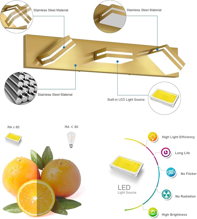 SineRise LED Modern Bathroom Vanity Light Fixtures, Brass Modern Acrylic - Image 2