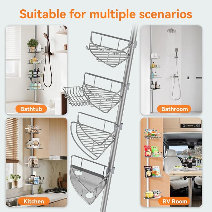 Corner Shower Caddy Tension Pole Rustproof, 4 Tier Adjustable Shower Organizer - Image 8