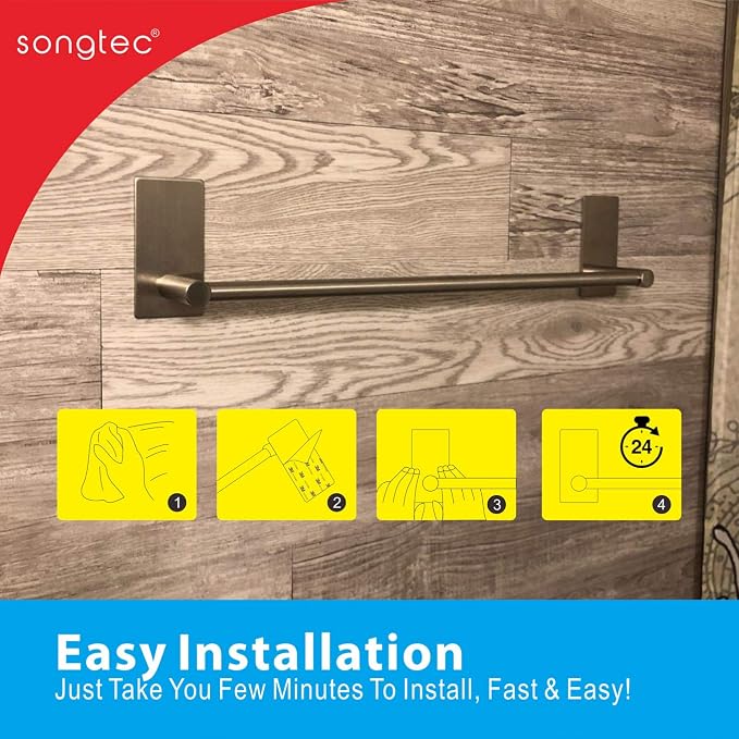 Songtec Adhesive Towel Bar 12inch Brushed, Stick On Bath Towel Rack Easy Install - Image 6