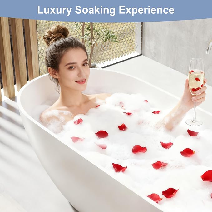 59 Inch Solid Surface Freestanding Bathtub, Oval Shaped Soaking Stone Resin - Image 6