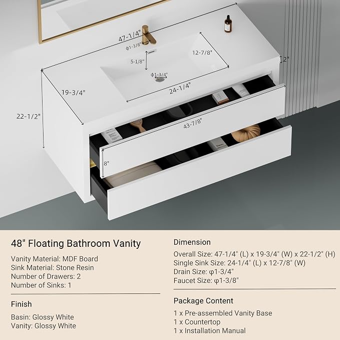 Modern 48" Wall-Mounted Bathroom Vanity - Image 2