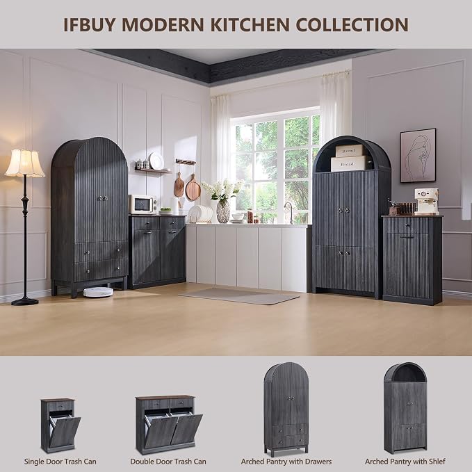 71" Tall Arched Bathroom Storage Cabinet, Modern Fluted Storage Cabinet w/Doors - Image 7