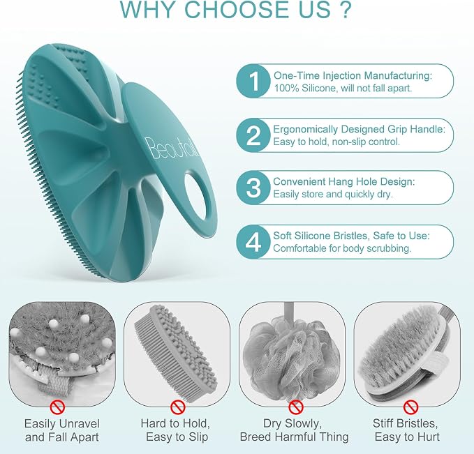 Silicone Body Scrubber 2 Pack, BEAUTAIL Shower Bath Wash Brush, Gentle - Image 3