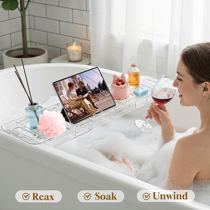 Expandable Clear Acrylic Bathtub Tray Caddy, Foldable Tub Bath Tray - Image 6
