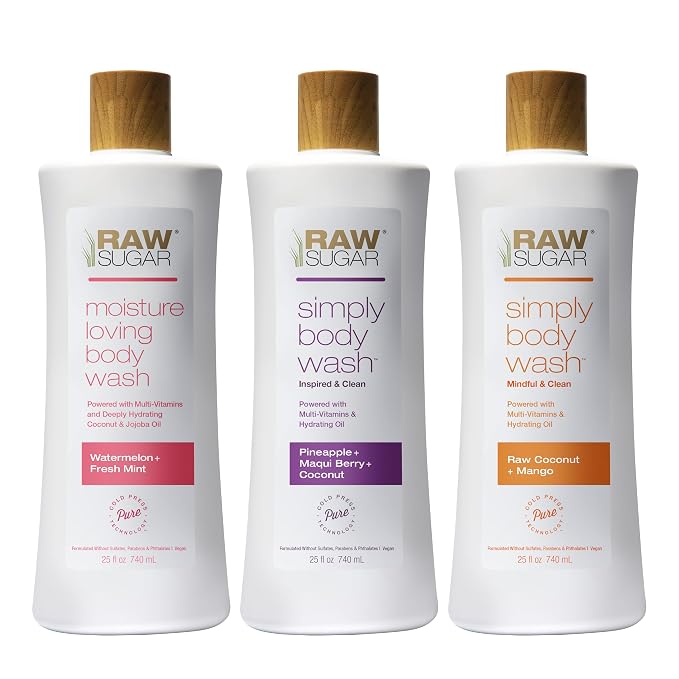 RAW SUGAR Simply Body Wash Variety Trio Vegan Bath & Shower Gel, Raw Coconut + by RawSugar