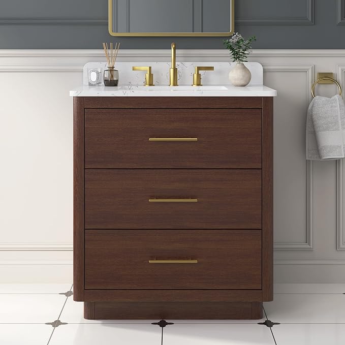 30 Inch Bathroom Vanity with Sink, Solid Wood Frame with Engineered Marble by DELUXELIVING