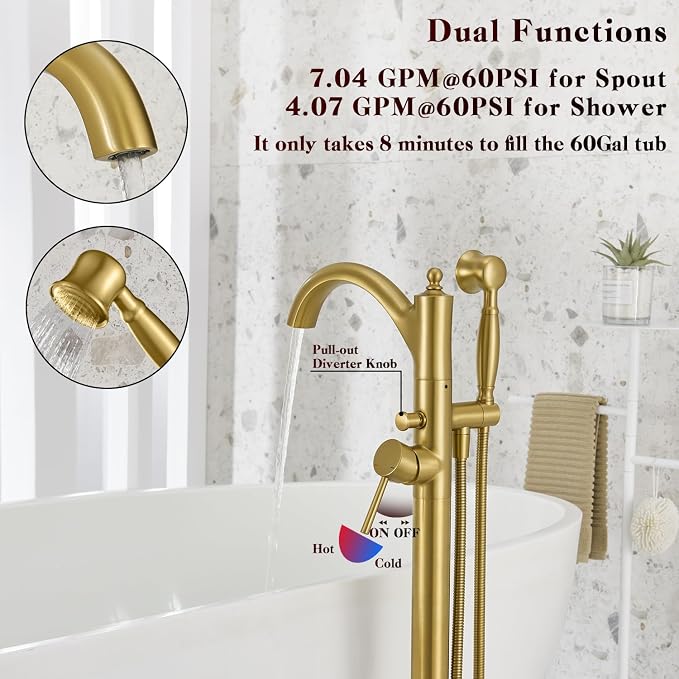 Free Standing Tub Faucet, Brushed Gold Classic Freestanding Bathtub Faucet - Image 4