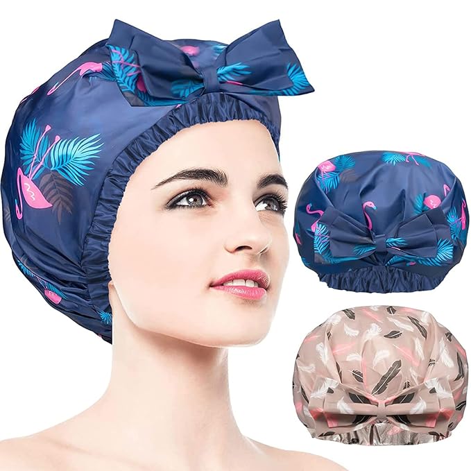2 PCS Waterproof Shower Caps, Oversized Adjustable Hair Cap by WINSTECK