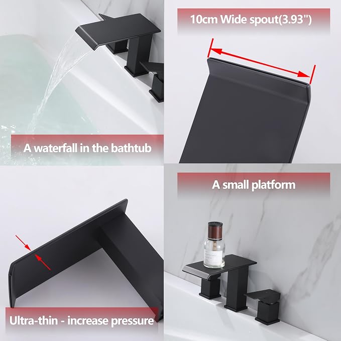 Roman Tub Faucet Two Handle Waterfall Spout Matte Black 3 Hole Bathtub Faucet - Image 3