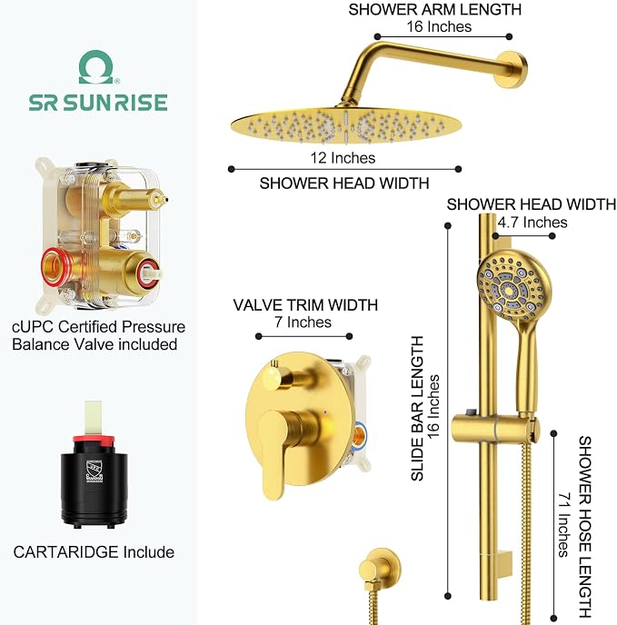 SR SUN RISE 12 Inch Brushed Gold Shower System, Wall-Mount Adjustable 16-Inch - Image 9