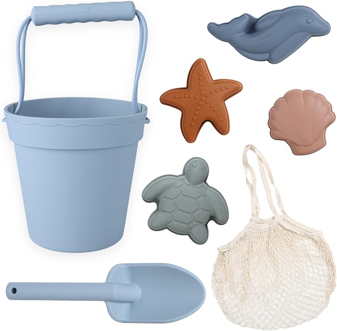 BLUE GINKGO Modern Baby Sand Toys | Travel Friendly | Silicone Bucket, 4 Molds by BLUEGINKGO