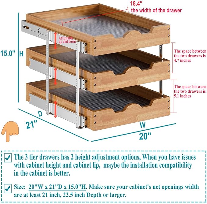 OCG Pull Out Cabinet Drawer 20" W x 21" D, 3 Tier Pull Out Cabinet Organizer - Image 8