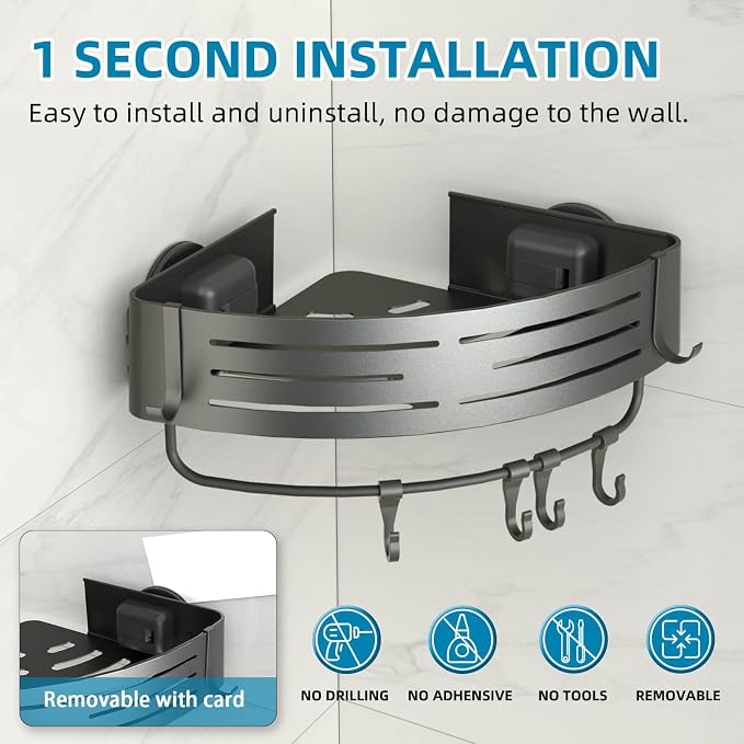 Onemake Corner Shower Caddy Suction Cup, Aluminum Wall Mounted Organizer - Image 2