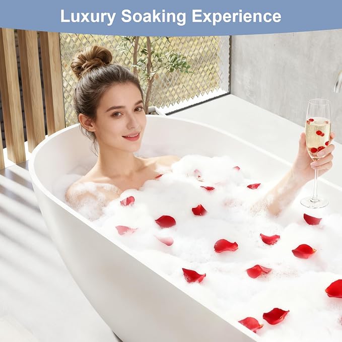 63 Inch Solid Surface Freestanding Bathtub, Oval Shaped Soaking Stone Resin - Image 6