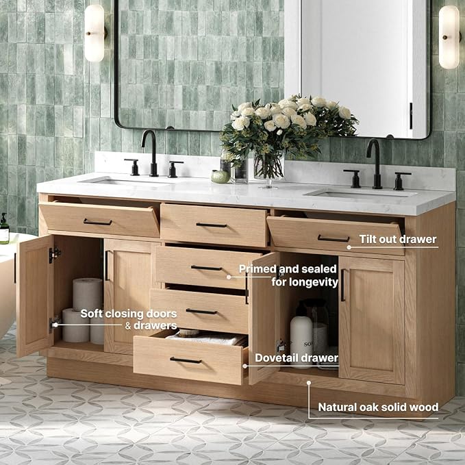 ARIEL Double Bathroom Vanity 72" Inch Oak - Image 3