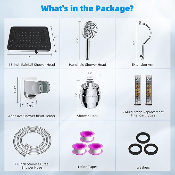 Hibbent Upgraded 5-spray 13'' Dual Filtered Rainfall Shower Head Combo - Image 8