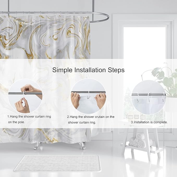 Domoku Grey Gold Marble Shower Curtain, Waterproof Texture Washable Fabric - Image 5