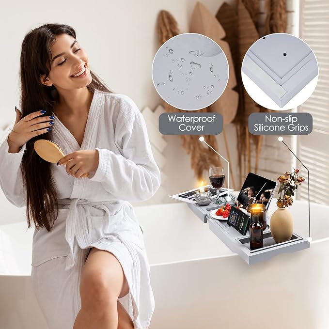 Foldable Bathtub Caddy Tray, Bamboo Bath Tub Tray Table - Image 5