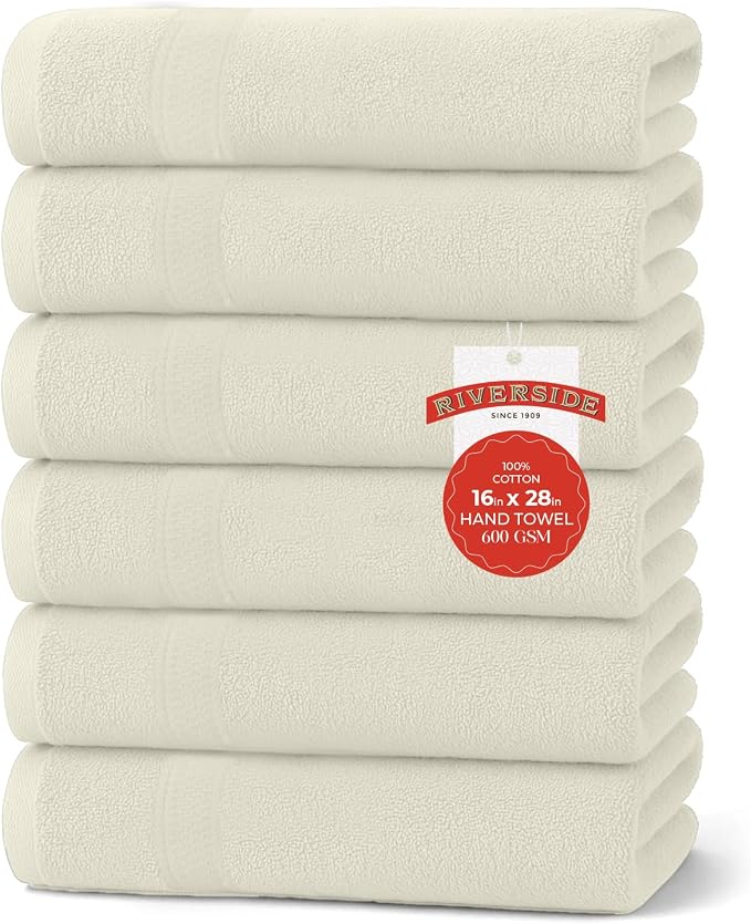RIVERSIDE 6 Pack Premium Hand Towels Set, 16x28 inches, 100% Ring Spun Cotton by RIVERSIDE