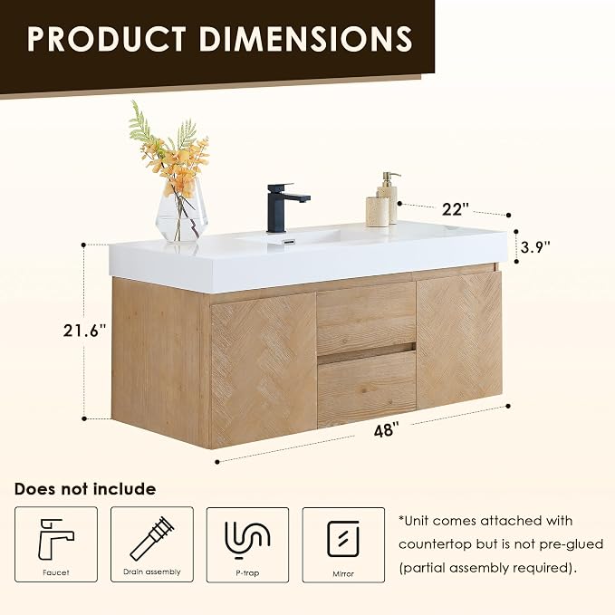 48 Inch Floating Sink Bathroom Vanity Wall Mount Single Vanities Overflow - Image 2