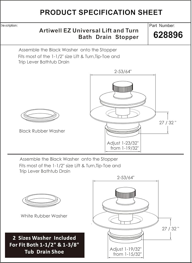 Artiwell Universal Lift and Turn Bath Drain Stopper and Cover, Bathtub Drain - Image 6
