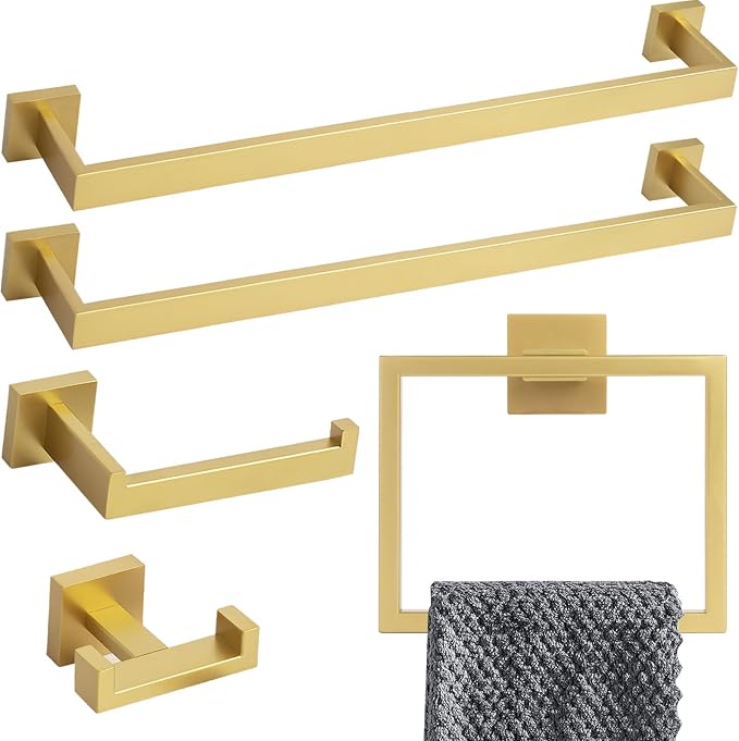 Brushed Gold Towel Bar Set, Lava Odoro 5-Piece Bathroom Hardware Set Gold Towel by LavaOdoro