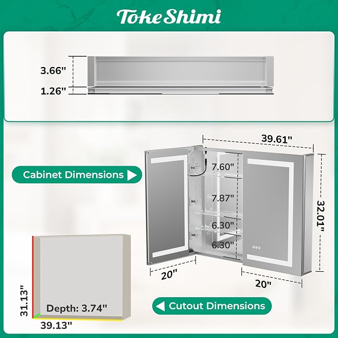 TokeShimi 40x32 Led Medicine Cabinet Mirror - Image 2